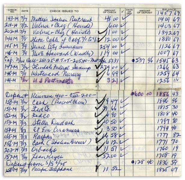 Moe Howard's Check Ledger From 1974, With His Handwritten Entries From June to August -- Approximately 80 Entries, Including Signatures -- Worn From Use, Very Good Condition